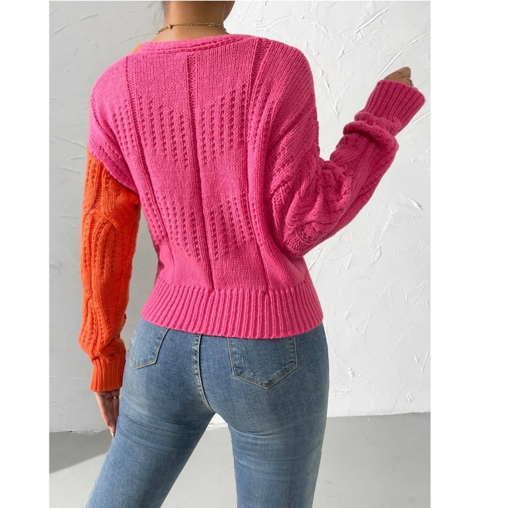 Cable Knit Wrap Cardigan Tie Side V-Neck Colorblock Pink Orange - Picture 3 of 9